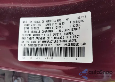 2017 Honda Accord Ex-L from USA, damaged, VIN 1HGCR2F83HA306662